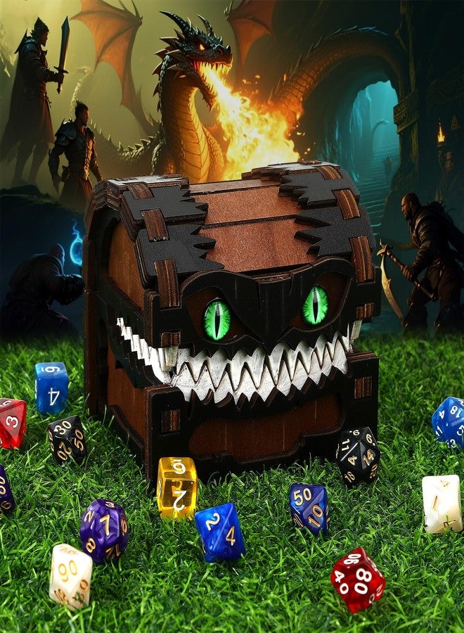 JULEASEL Mimic Dice Box - Wooden Monster Treasure Chest with Teeth & Green Eyes, Halloween Desk Decor Creepy Box, Funny Dice Storage for Tabletop RPG & Fantasy Games (Grimjaw) - Image 4